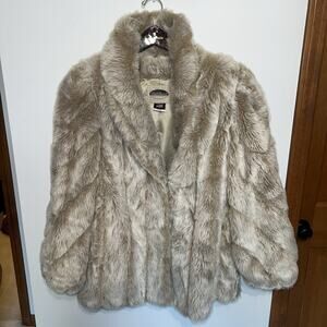 Vintage Mark Reed Faux Fur Coat Jacket Large Beige Tan Shawl Collar Made USA